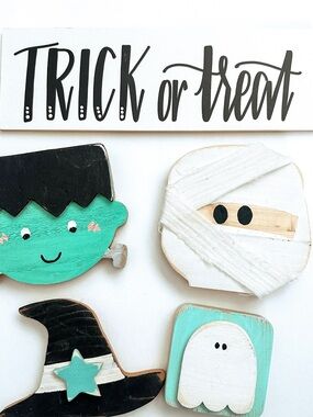 Handmade Halloween Wood Magnet Set - Mint & White